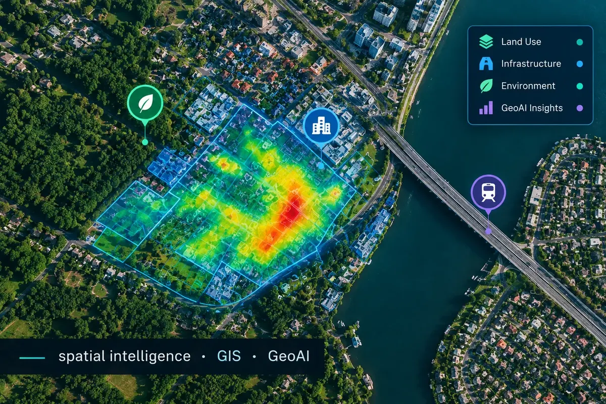 Aerial view of a riverside neighbourhood with a GIS heatmap overlay and map icons for land use, infrastructure, environment and GeoAI insights