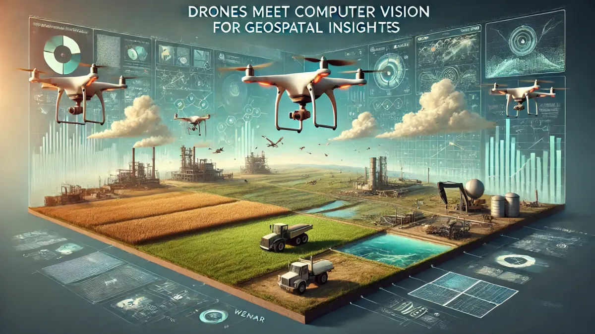 Drones flying over farmland, water and industrial sites with computer-vision analytics panels, illustrating AI drone-video monitoring