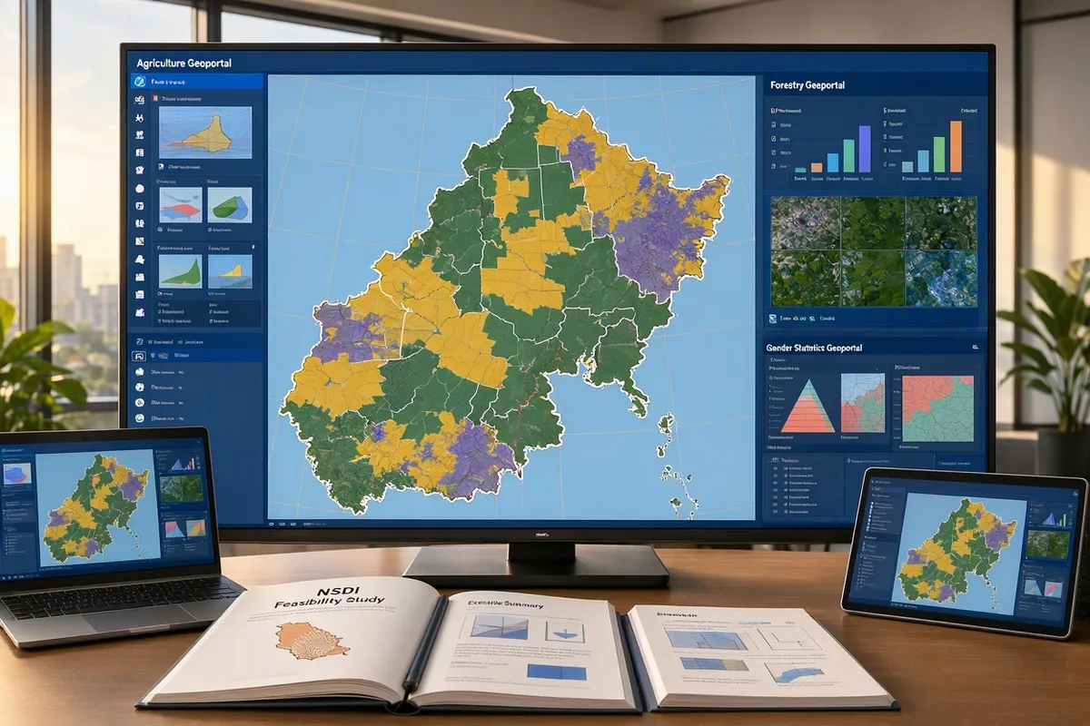 Agriculture, forestry and gender-statistics geoportals showing a colour-coded national map on desktop, laptop and tablet beside an NSDI feasibility study