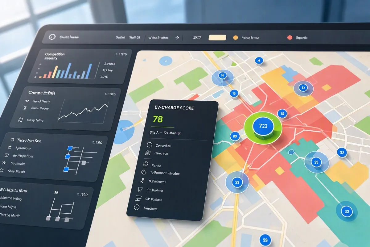 EV-charging site-scoring dashboard with a heat-mapped city map, competition and traffic charts, and an EV-Charge Score card