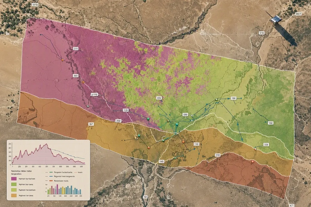 Satellite map of arid land with colour-coded land-degradation zones and trend charts for SDG 15.3 monitoring