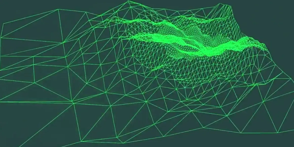 Green wireframe 3D terrain mesh with dense triangulation over a mountain ridge, representing OGC 3D Tiles for tactical mission planning