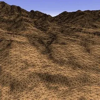 Triangulated mountain terrain model generated for a theatre-level hex-grid wargame simulation